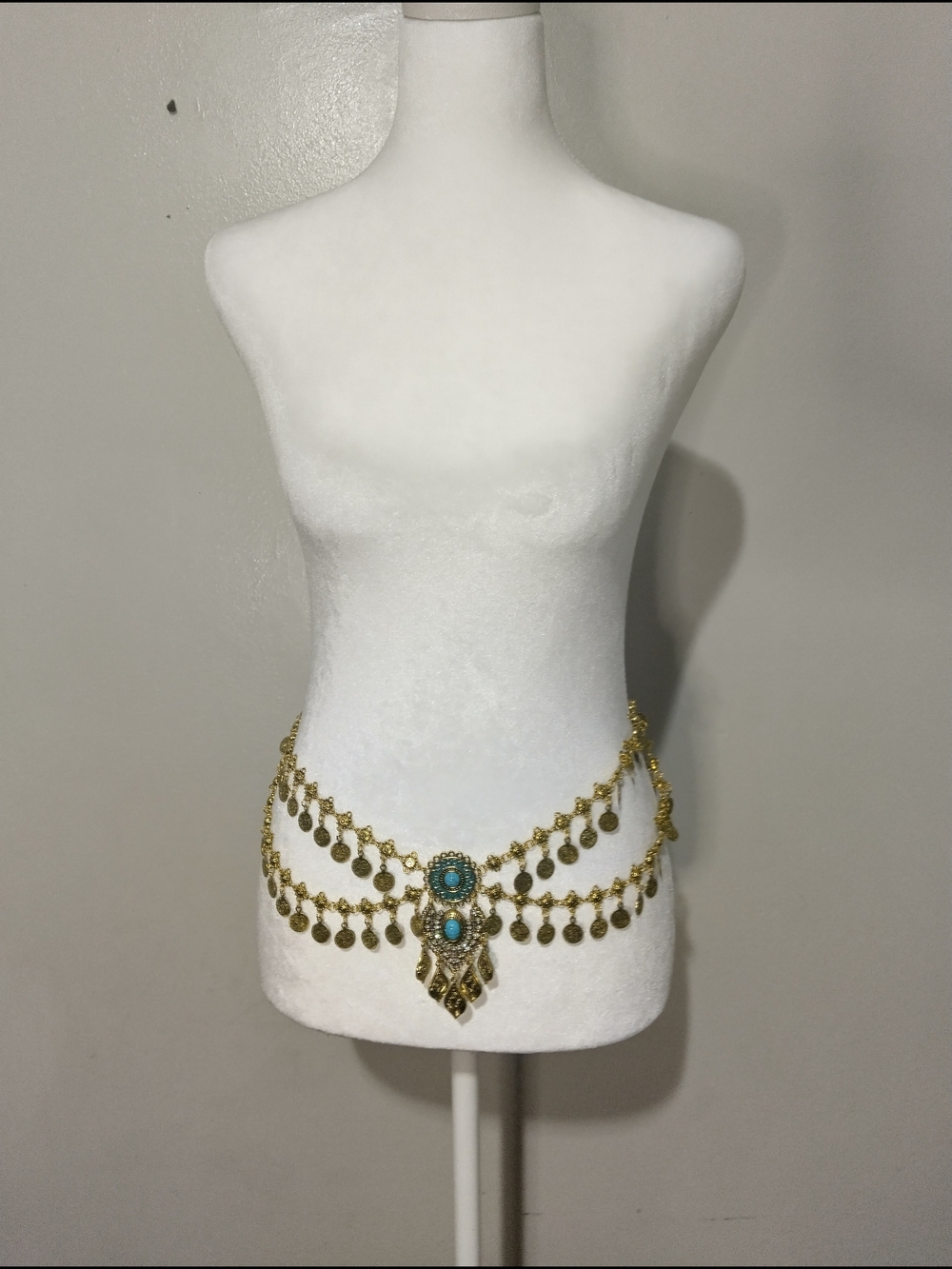Gold-Tone Coin Chain Belt with Turquoise Accents